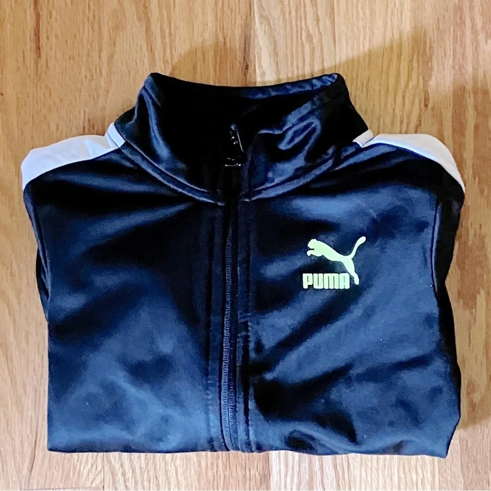 NWOT PUMA Boys Full Zip Track Jacket SIZE 5 Black Neon Yellow LOGO Pockets